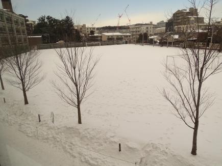 グラウンドは雪で真っ白に!